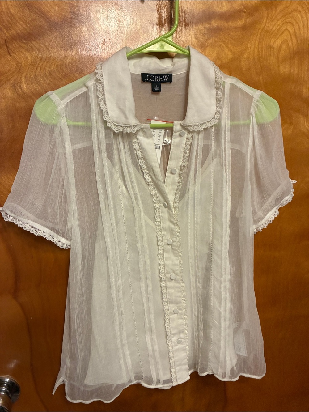 J.Crew Sheer Cream Lace-Trim Button Front Blouse